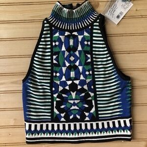 NWT Torn By Ronny Kobo Abstract Mali Crop Top Mock Neck Sleeveless Sweater